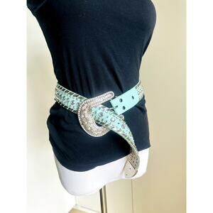 Y2K Bling Belt Size medium Blue/Green Rhinestone Chunky silver Buckle